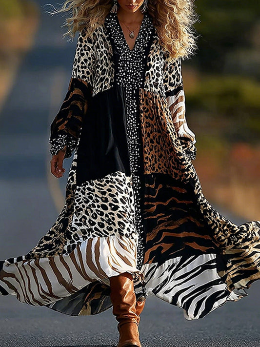 Cardydony Retro Leopard And Animal Patchwork Art Linen Blend Loose Maxi Dress