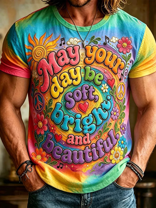 Cardydony Hippie Slogan And Floral Art Distressed Tie-dye Print Loose Short-sleeved Top