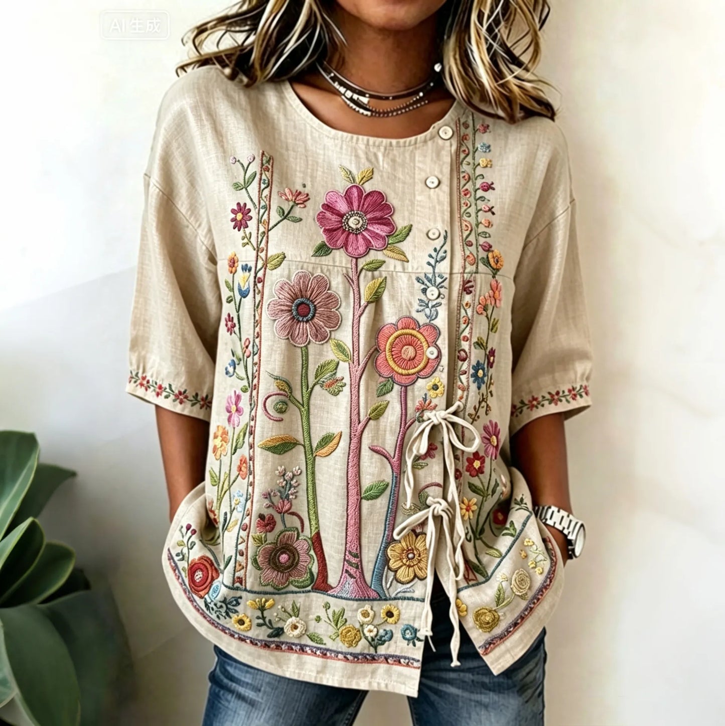 Cardydony Women's Ethnic Floral Embroidery Pattern Linen Blend Tie-up Shirt