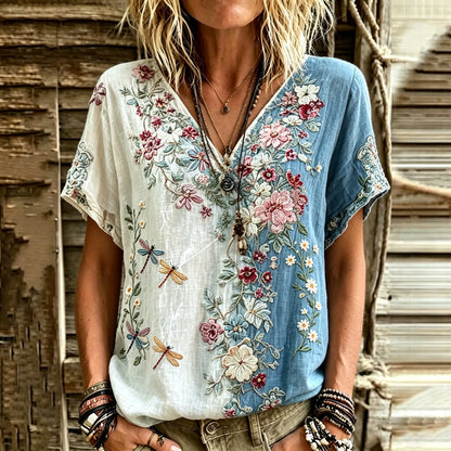 Cardydony Women's Retro Floral Dragonfly Color Block Cotton Linen T-shirt