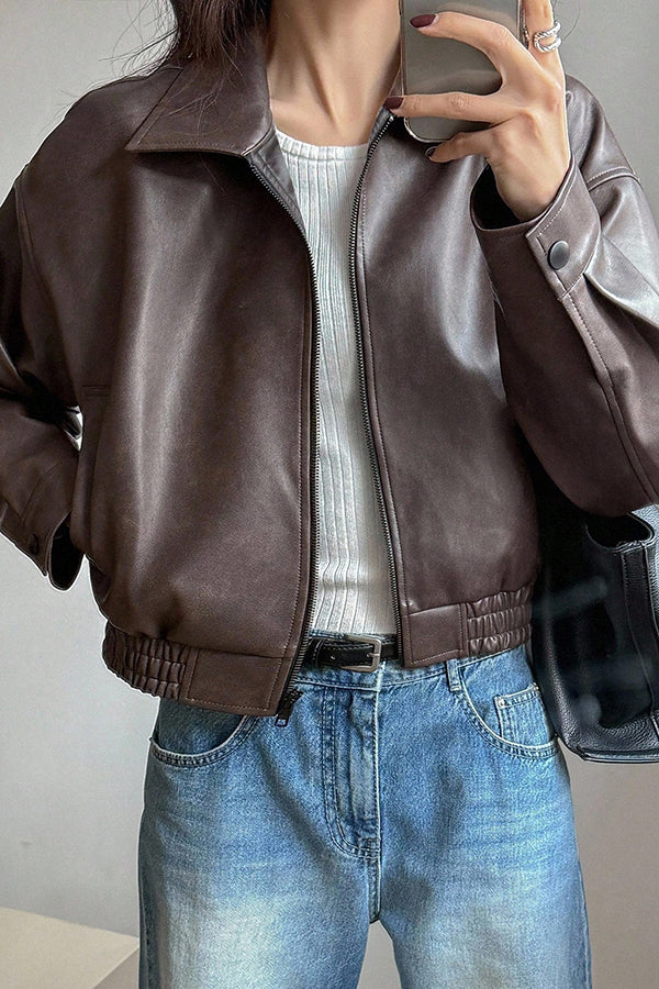 Cardydony Women's Fashion Lapel Long Sleeve Casual Pocket Short Leather Jacket