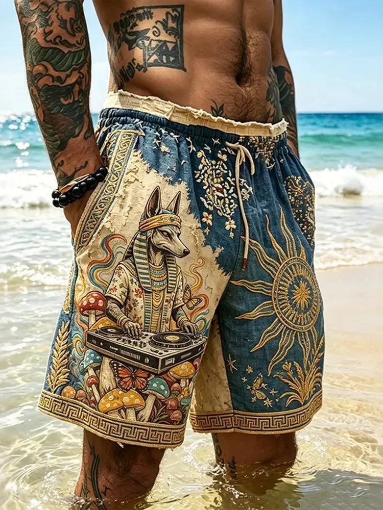 Cardydony Men's Retro Print Color Block Hippie Print Shorts