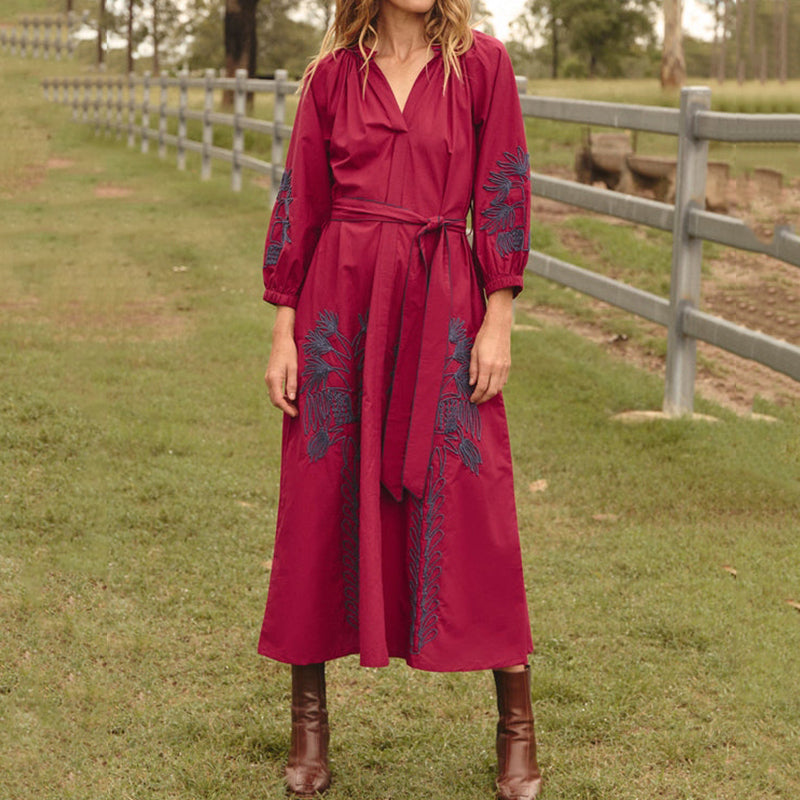 Cardydony Vintage Belted Embroidered Cotton Dress