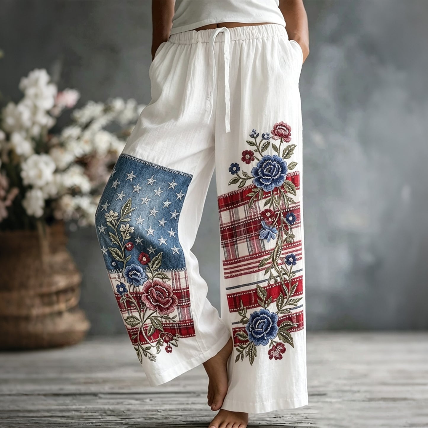 Cardydony Women's American Flag Floral Design Casual Trousers