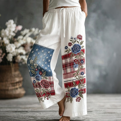 Cardydony Women's American Flag Floral Design Casual Trousers