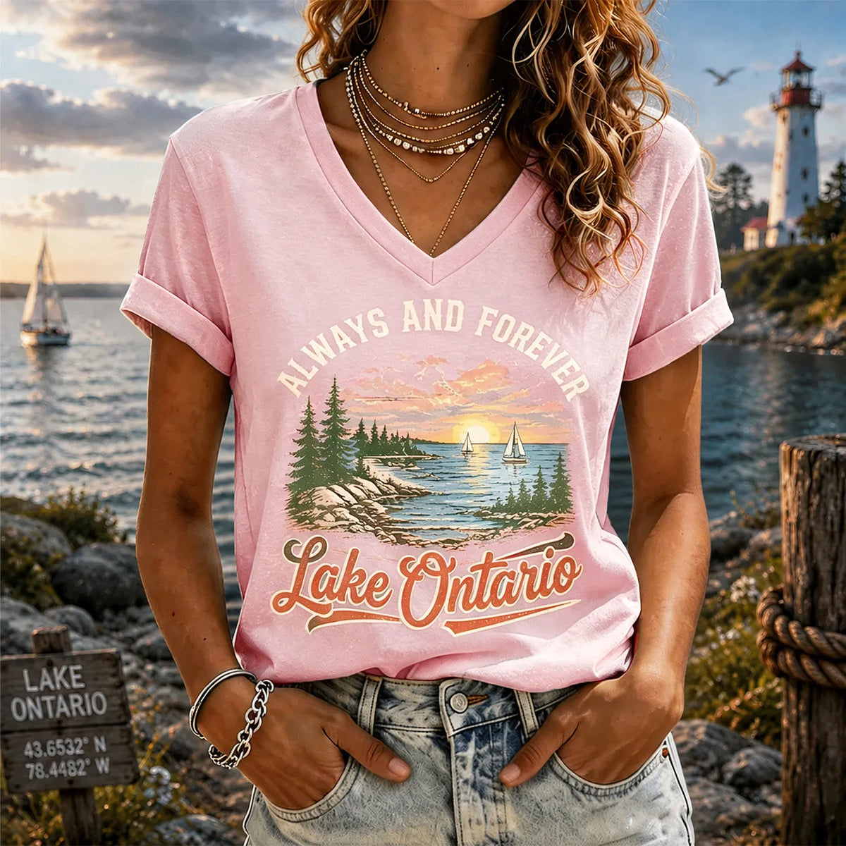 Cardydony Retro Sunset Lakeside Ontario Timeless V-neck T-shirt