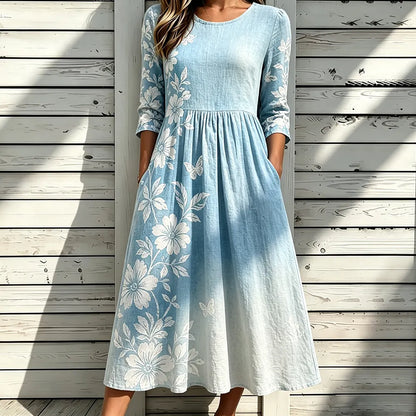 Cardydony Women's Long Sleeve Dress Featuring Botanical Floral Vine And Butterfly Print