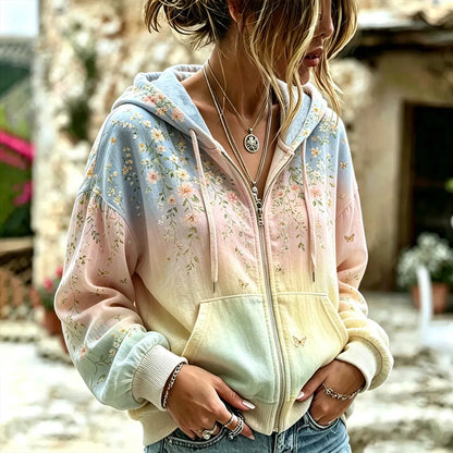 Cardydony Women's Vintage Pink Small Floral Art Print Gradient Zip-up Hoodie