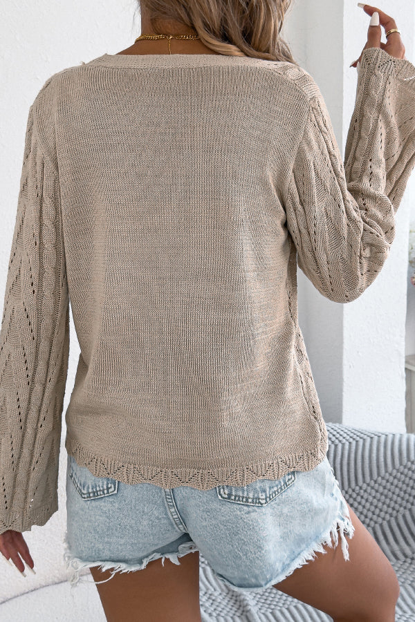 Cardydony Women's Solid Color Loose V-neck Long-sleeved Vacation Knit Cardigan