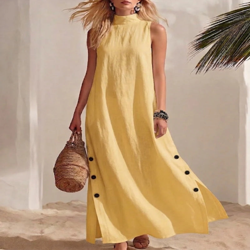 Cardydony Women's Solid Color Stand Collar Sleeveless Button Slit Linen Blend Midi Dress