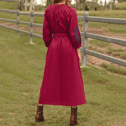 Cardydony Vintage Belted Embroidered Cotton Dress