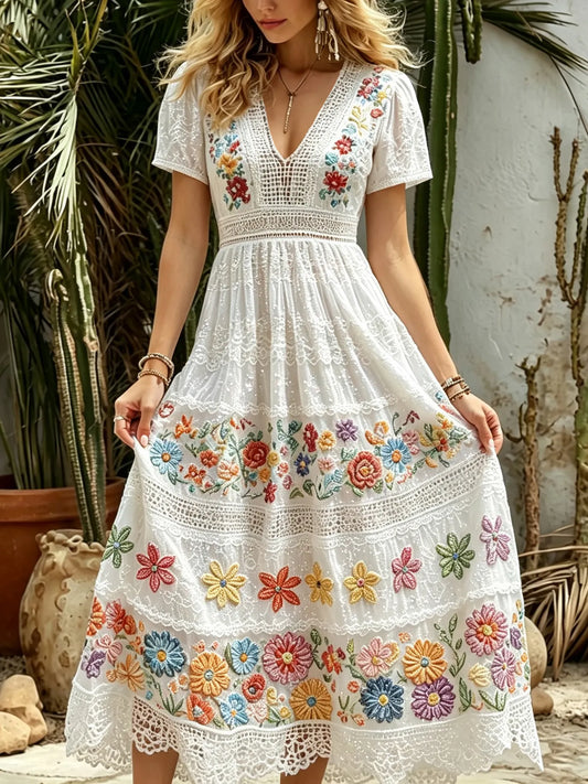 Cardydony Women's Retro Floral Embroidered Cotton Linen V-neck Short Sleeve Long Dress