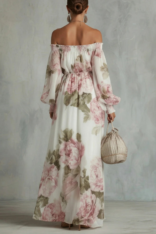 Cardydony Women's Floral Print Off-Shoulder Long-Sleeve Elastic Waist-Defining Maxi Dress
