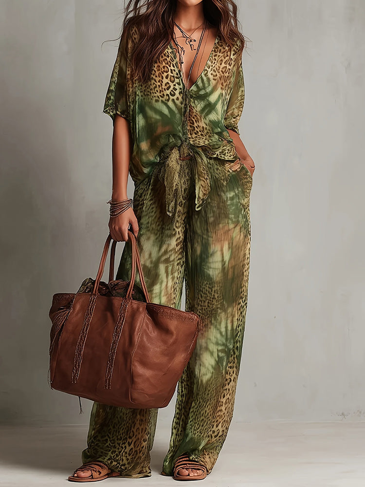 Cardydony Retro Leopard Print Art Print Shirt Two Piece Set