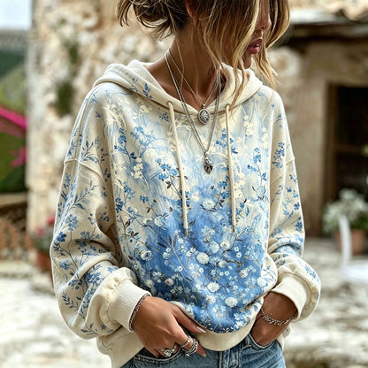 Cardydony Retro Bohemian Pastoral Style Blue Floral Print Hoodie