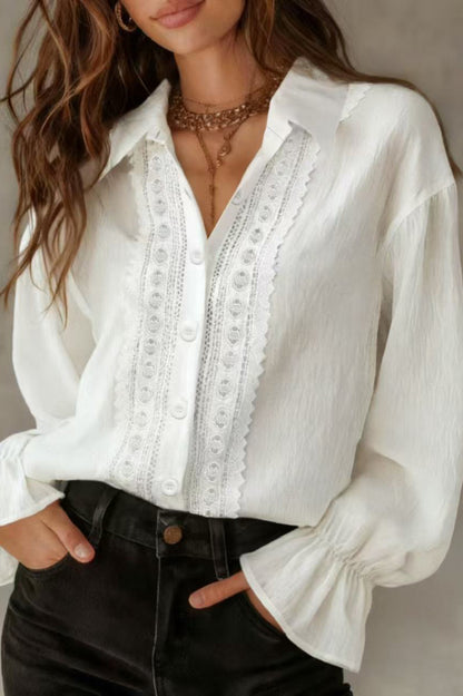 Cardydony Women's Solid Color Patchwork Lace Lapel Long-sleeved Button Casual Shirt