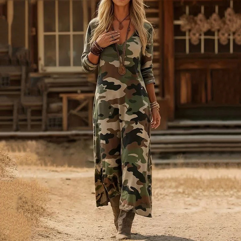 Cardydony Women's Casual Camouflage Art V-neck Color-block Printed Long-sleeved Dress
