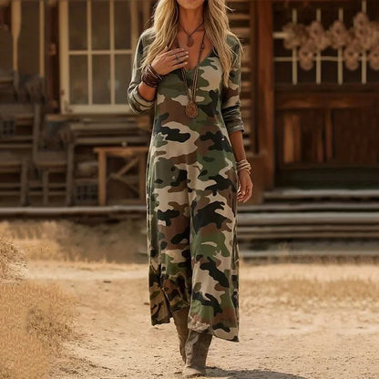 Cardydony Women's Casual Camouflage Art V-neck Color-block Printed Long-sleeved Dress