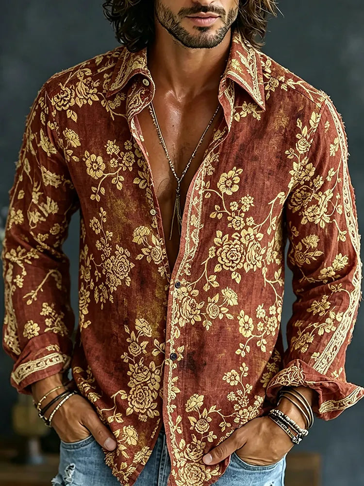 Cardydony Men's Spring Summer Colorful Floral Embroidered Art Print Flowy Linen Blend Shirt