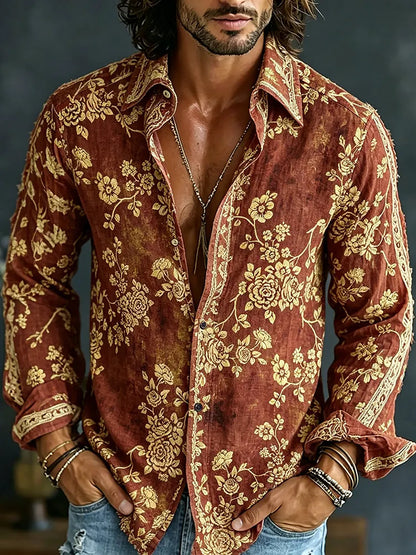 Cardydony Men's Spring Summer Colorful Floral Embroidered Art Print Flowy Linen Blend Shirt