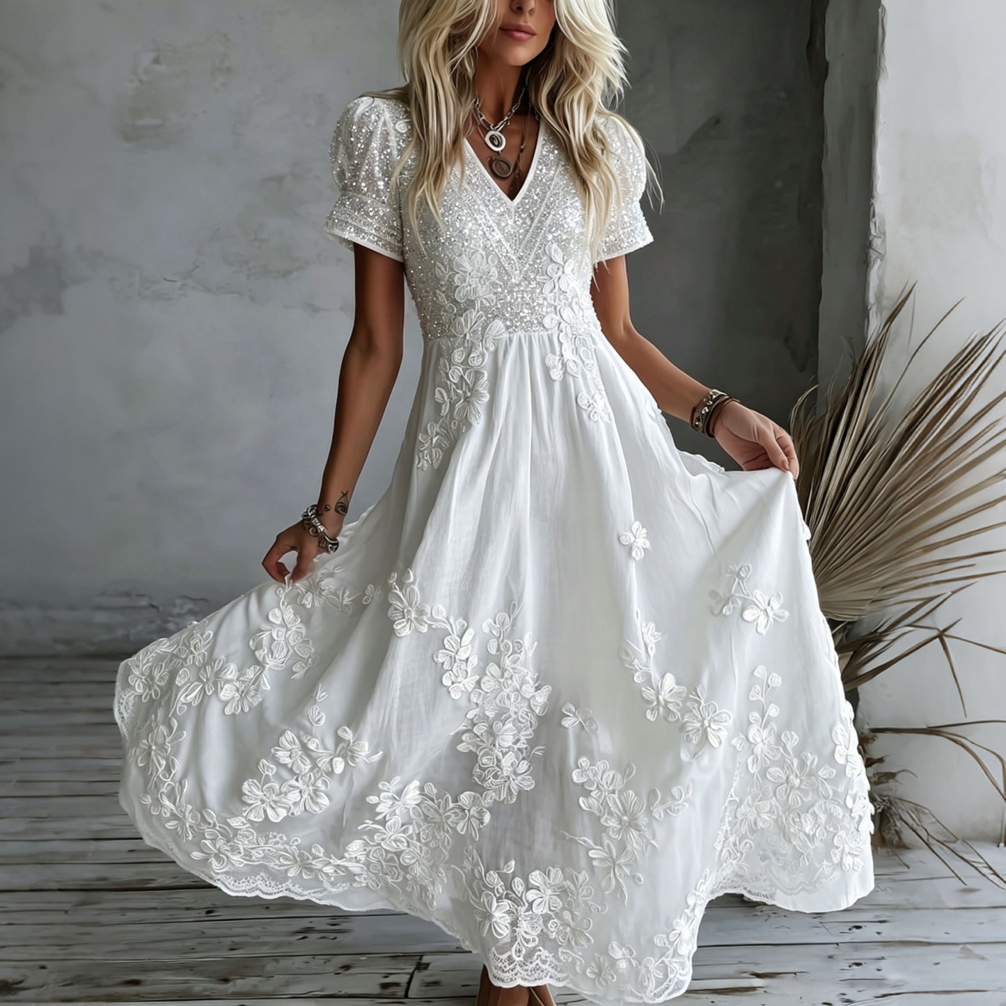 Cardydony Women's White Rose Art Embroidered Linen Blend V Neck Maxi Dress