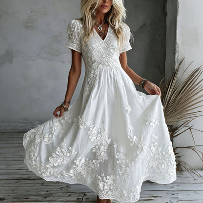 Cardydony Women's White Rose Art Embroidered Linen Blend V Neck Maxi Dress