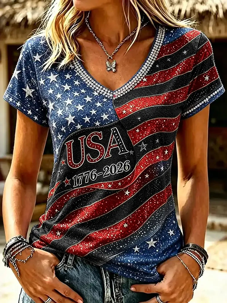 Cardydony Women's Independence Day Printed V Neck Casual Tops