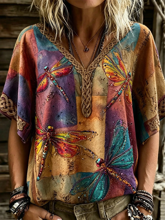 Cardydony Women's Retro Bohemian Hippie Style Butterfly Embroidered Sequin Print V-neck Top