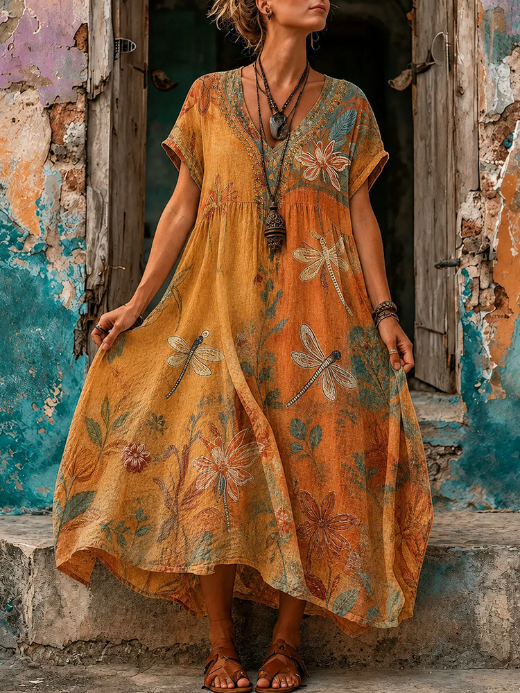 Cardydony Women's Retro Hippie Floral And Dragonfly Pattern Art Embroidered Linen Blend Maxi Dress