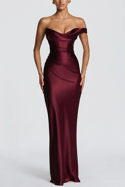 Cardydony Women's Thalassa Satin One Shoulder Scooped Neck Bias Cut Pleated Maxi Dress