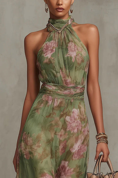Cardydony Women's  Floral Print Halter Neck Sleeveless Fitted Waist Casual Vacation Maxi Dress