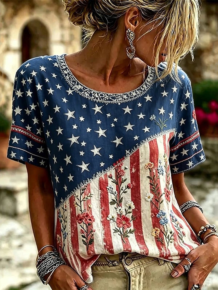 Cardydony Women's Independence Day Flag Floral Art Cotton Linen Short Sleeve Top