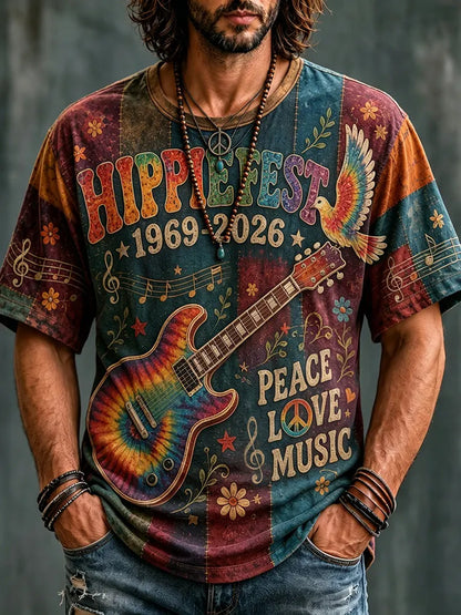 Cardydony Men's Hippie Music Pigeons With Guitar Tie Dye Art Pattern Print T-shirt