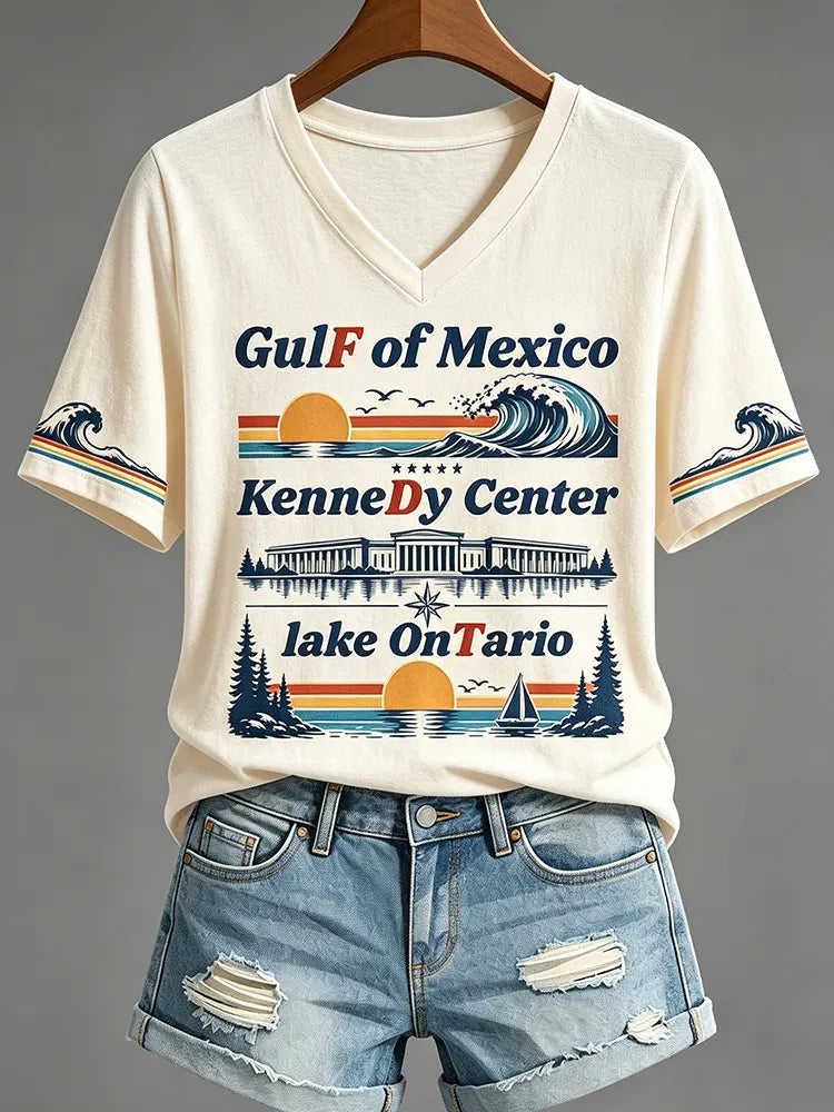 Cardydony Women's Lake Ontario Printed V-neck T-shirt