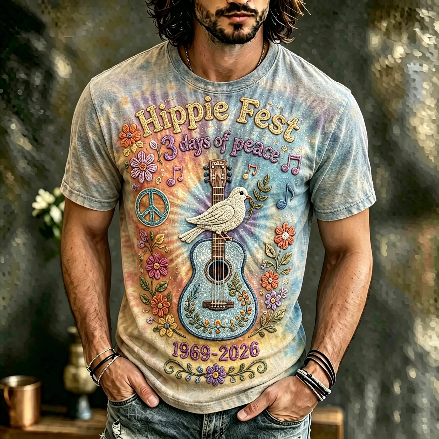 Cardydony Men's Vintage 60s Tie Dye Music Art Retro Hippie Crew Neck T-shirt