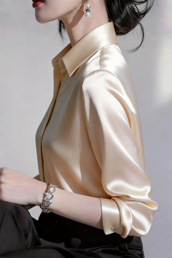 Cardydony Women's  Solid Color Satin Collared Long-sleeved Button-down Casual Shirt