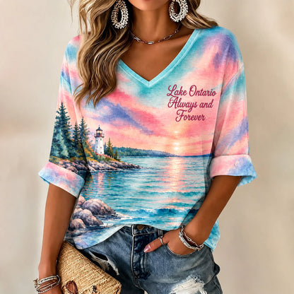 Cardydony Women's Lake Ontario Always And Forever Printed Mid-length Sleeves V-neck T-shirt