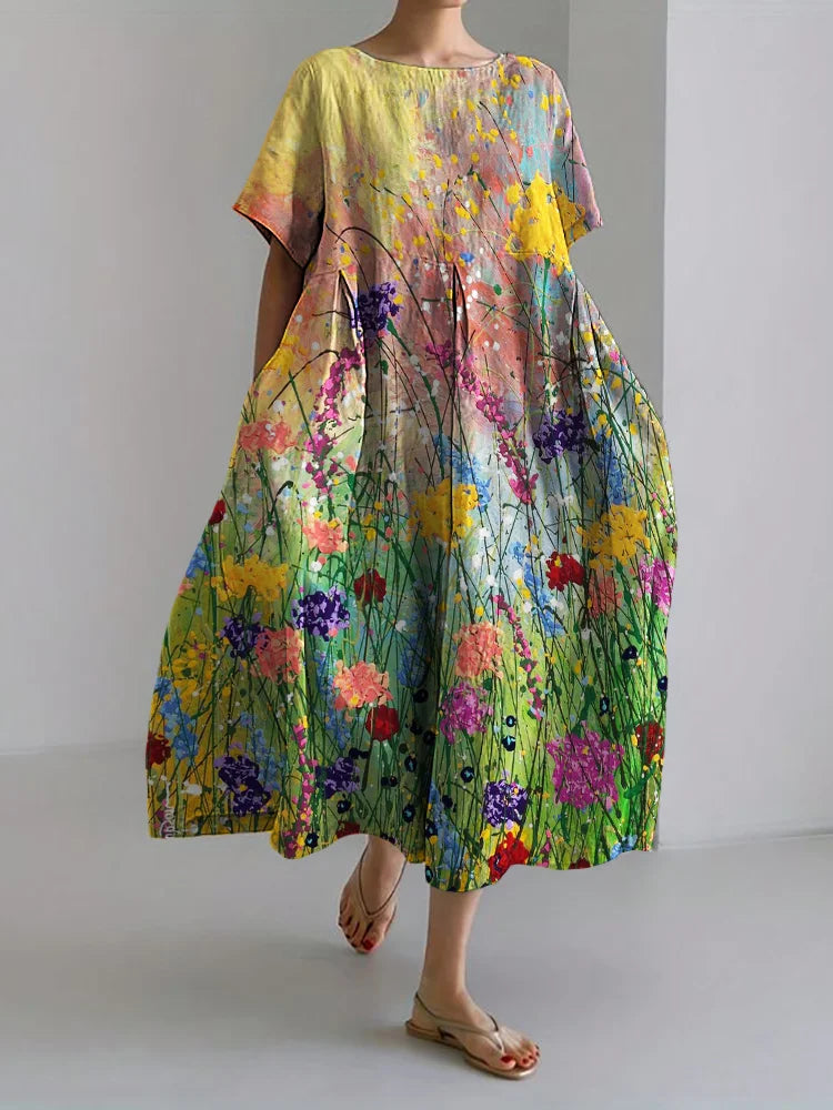 Cardydony Wild Flowers Oil Painting Linen Blend Maxi Dress