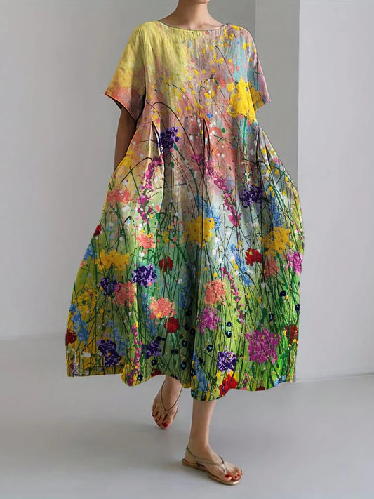 Cardydony Wild Flowers Oil Painting Linen Blend Maxi Dress