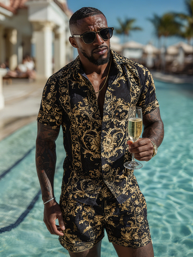 Cardydony Men's Fashion Baroque Pattern Cuban Shirt And Shorts Two-piece Set