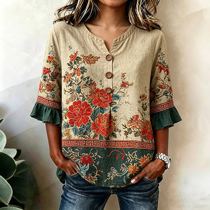 Cardydony Women's Vintage Floral Art Print Flared-sleeve Top
