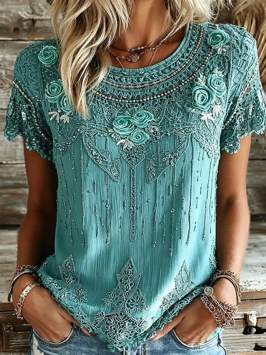 Cardydony Women's Vintage Floral Art Flowy Linen Blend Casual Tops