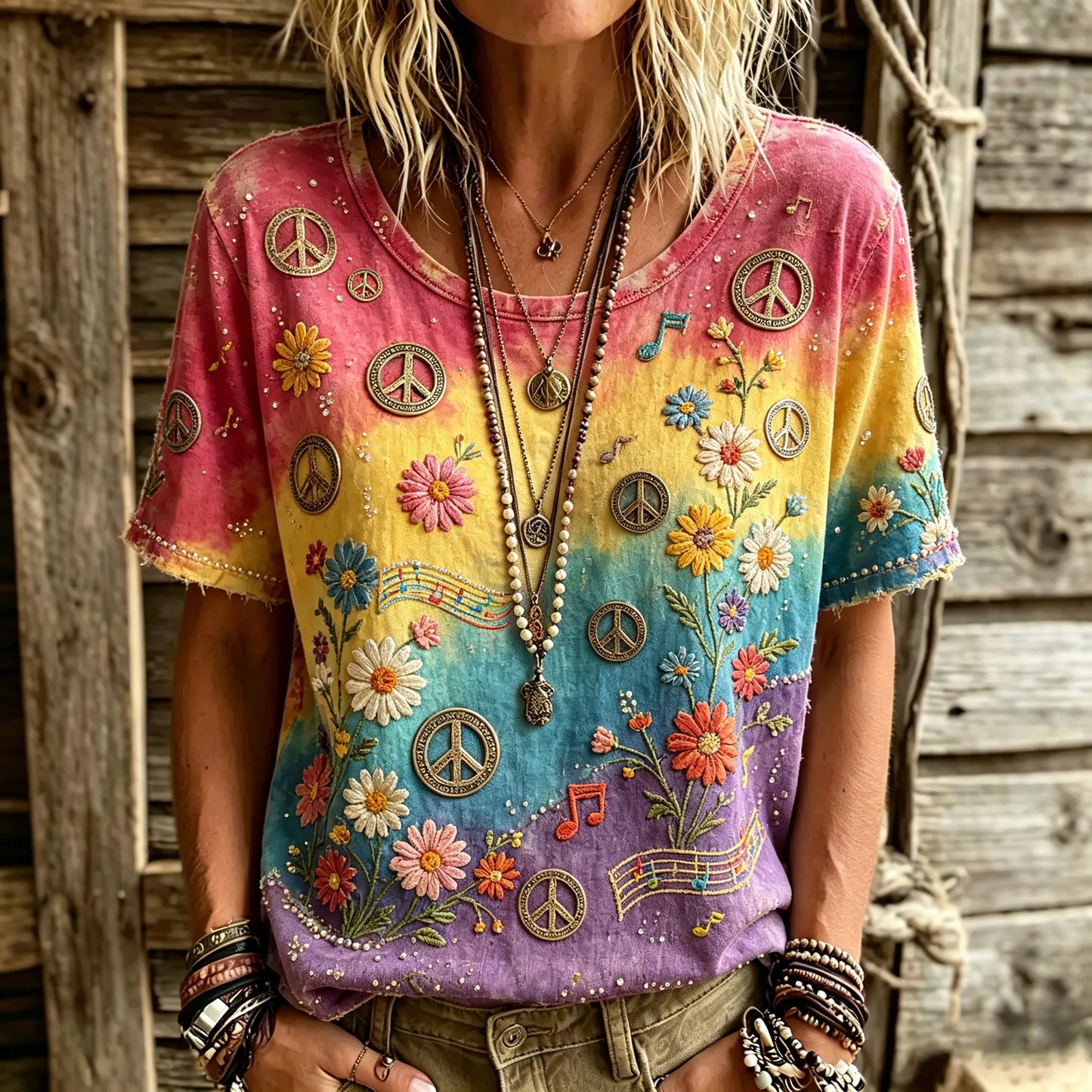 Cardydony Women's Retro Hippie Peace Logo Floral Art Embroidery Casual Cotton Linen T-shirt
