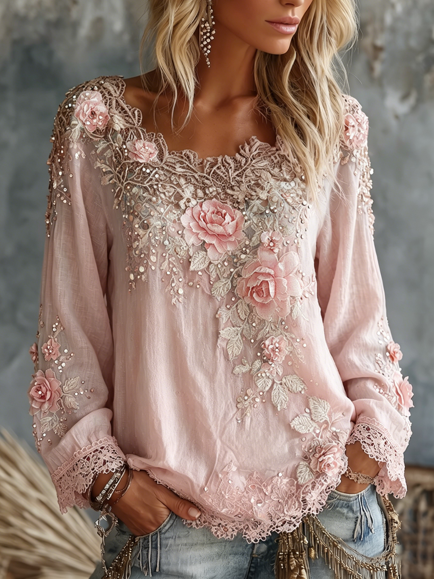 Cardydony Women's Vintage Rose Floral Art Crew Neck Long Sleeve Linen T-shirt