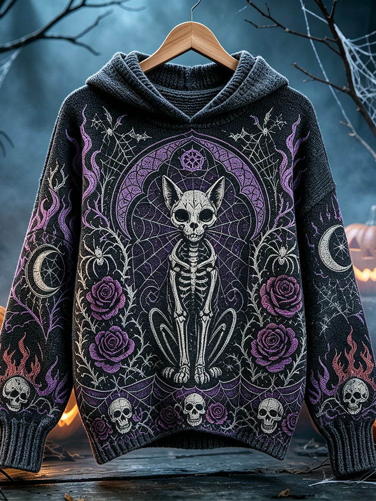 Cardydony Women's Halloween Gothic Skull Cat Pattern Hooded Sweater - Purple Moon Rose Skull Pattern