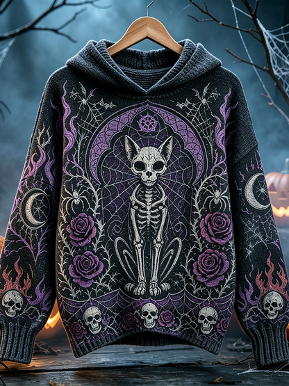 Cardydony Women's Halloween Gothic Skull Cat Pattern Hooded Sweater - Purple Moon Rose Skull Pattern