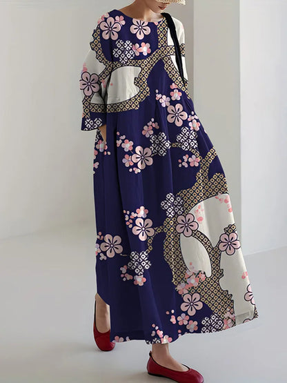 Cardydony Women's Vintage Japanese Cherry Blossom Print Loose Midi Dress