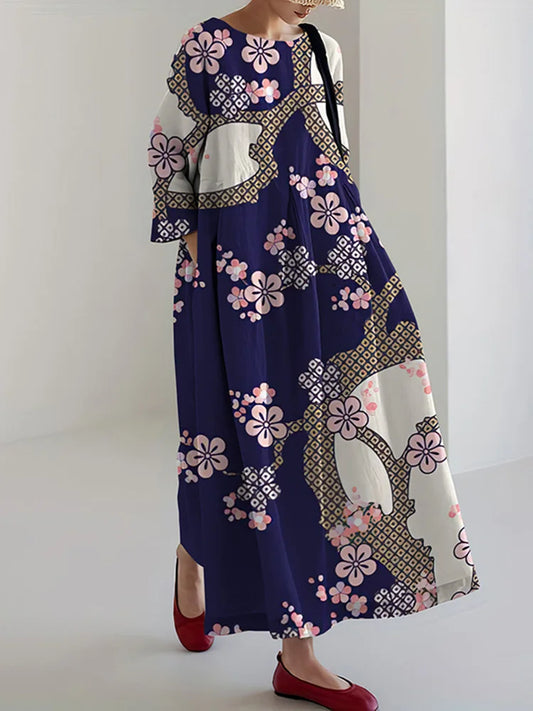 Cardydony Women's Vintage Japanese Cherry Blossom Print Loose Midi Dress