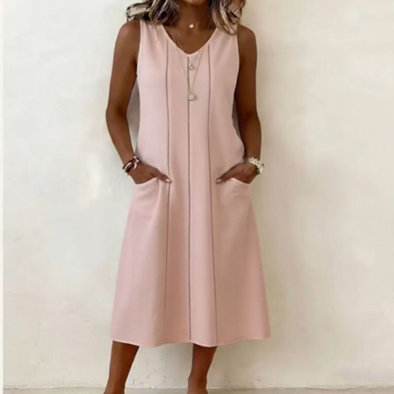 Cardydony Women's Solid Color V-neck Sleeveless Vest Midi Dress