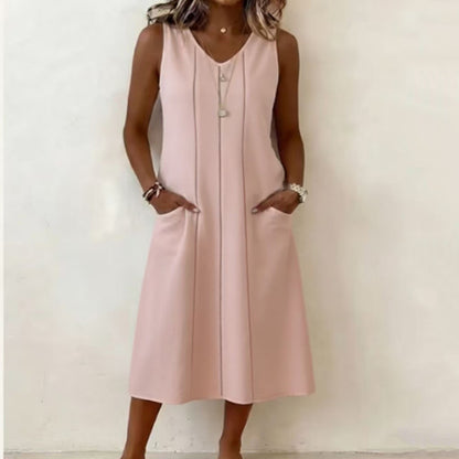 Cardydony Women's Solid Color V-neck Sleeveless Vest Midi Dress